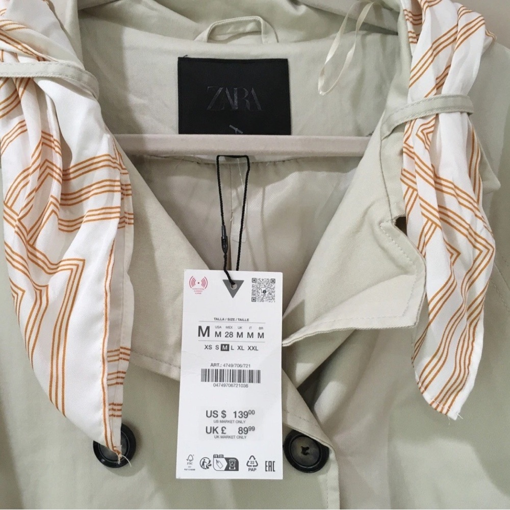 NWT Zara Woman’s m Long Scarf Trench Coat Light Beige Belted Midi Jacket - Picture 8 of 8